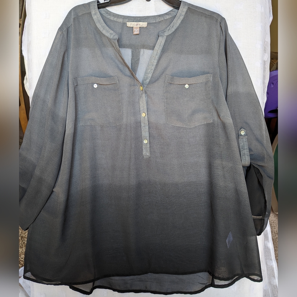 Roz & Ali Gray Ombre Portofino Sheer V-neck blouse, top 2XL